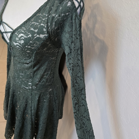 Free People Green V-Neck Fit and Flare Long Sleeve Dress - Picture 4 of 7